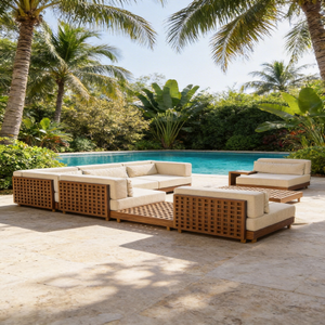 Ensemble de <span class=keywords><strong>salon</strong></span> de <span class=keywords><strong>jardin</strong></span> minimaliste nordique avec lattes en <span class=keywords><strong>bois</strong></span> naturel et tissu résistant aux intempéries et aux UV pour projets haut de gamme - Product Image 4