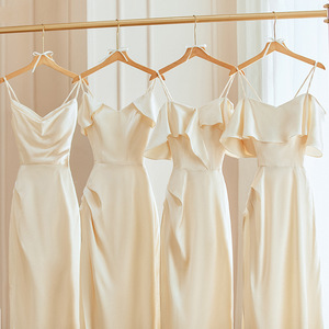 Champagne <b>Satin</b> Bridesmaid Dress <b>Halter</b> Neck Sheath Silhouette Natural Waistline Evening Gown - Product Image 2