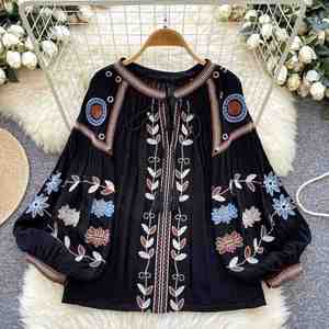 Autumn Vintage Full Sleeve O-Neck Casual Blouses Women Wide Sleeve Front Embroidery Loose Fit Eco-Friendly Breathable <b>Shirts</b> - Product Image 3