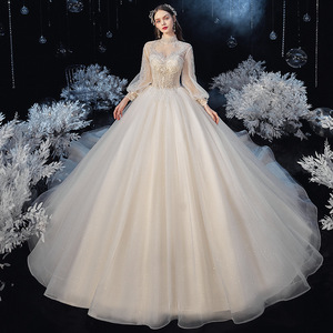 Elegant Bridal Wedding Dress Ball Gown High Neck Long Sleeve Tulle Empire Waist Vintage Style With Train - Product Image 1