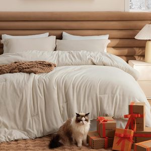 Modern Queen Comforter <strong>Set</strong> <strong>Beige</strong> Soft Eco-Friendly All Seasons Cationic Dyed 3-Piece <strong>Bedding</strong> <strong>Set</strong> with 1 Comforter 2 Pillow Shams - Product Image 1