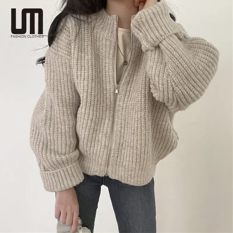 Liu Ming Fashion gaya Korea wanita kasual hangat ritsleting jaket longgar mantel sweter rajut