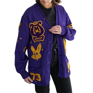 <span class=keywords><strong>Cardigan</strong></span> da donna in maglia di cotone a righe in lana e maglia di lana all'ingrosso personalizzato ciniglia ricamato <span class=keywords><strong>viola</strong></span> e oro Omega Psi Phi Phi - Product Image 3