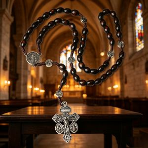 Rosario de Madera con Cuentas, Cruz de Plata, Crucifijo INRI, Joyería Religiosa Católica Cristiana, Unisex, Hecho a Mano, Estilo Antiguo - Product Image 6