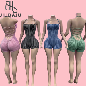 Monos deportivos de punto a rayas para mujer Hipster Sexy de corte bajo sin espalda vendaje elástico ajustado de una pieza mamelucos - Product Image 1