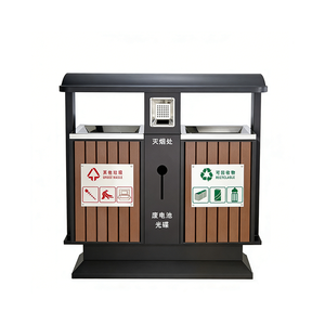 ถังขยะแยกประเภทแบบมีหลังคา สำหรับพื้นที่สาธารณะ  วัสดุโลหะ  ลายไม้  สองช่อง - Product Image 2