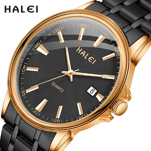 Montre Homme HALEI Neuve Originale à Quartz, Cadran Noir, Boîtier Doré, Bracelet en Acier Inoxydable, Affichage de la Date, Mouvement Japonais - Product Image 1