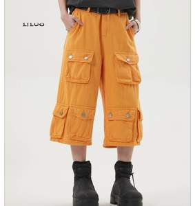 男性用バギーデニムショーツオレンジミッドウエストパンツビッグポケット付きダークウォッシュ織りジーンズショートパンツ男性用 - Product Image 1