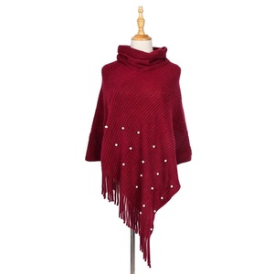 Offre Spéciale haute qualité épaissir mode dame voyageant chaud <span class=keywords><strong>Poncho</strong></span> châles couleur unie perle col haut plaine frange écharpe - Product Image 5