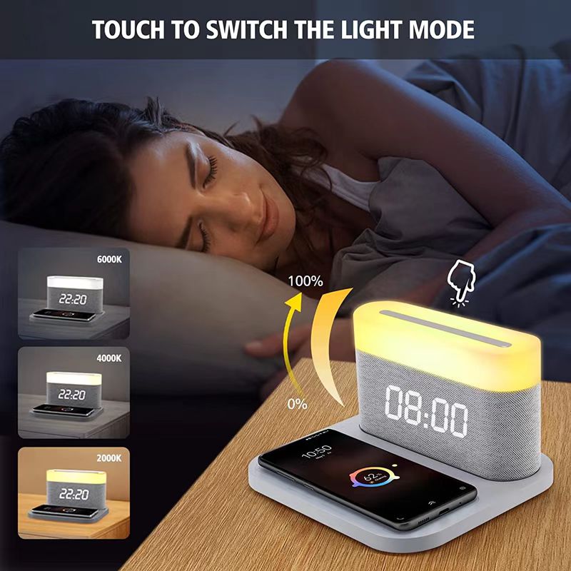 2023 New Tech Desk Bedside 15w Qi Fast Charging 3 in One Digital Alarm Clock Wireless Charger Lamp