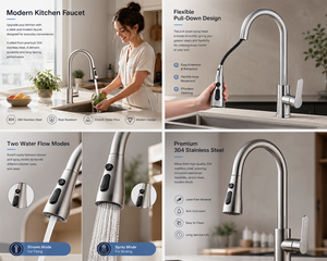 Robinet de <span class=keywords><strong>cuisine</strong></span> en acier inoxydable 304, montage sur plan, finition chrome brossé, <span class=keywords><strong>mitigeur</strong></span> d'évier extractible eau chaude et froide - Product Image 4