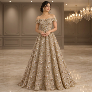 Vestido de Gala con Apliques Florales Color Champán, Vestido de Princesa con Lentejuelas y Cuentas, Vestido Formal con Hombros Descubiertos - Product Image 3