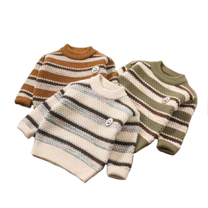 <span class=keywords><strong>Pull</strong></span> tricoté décontracté multicolore rayé en mélange de coton doux et écologique pour bébés garçons, col rond, motif souriant mignon, collection automne-hiver - Product Image 1
