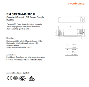 Controlador LED de Corriente Constante OSRAM EM 38/220-240/900 II 38W, 220-240VAC 900mA 30-42V, No Regulable - Product Image 2