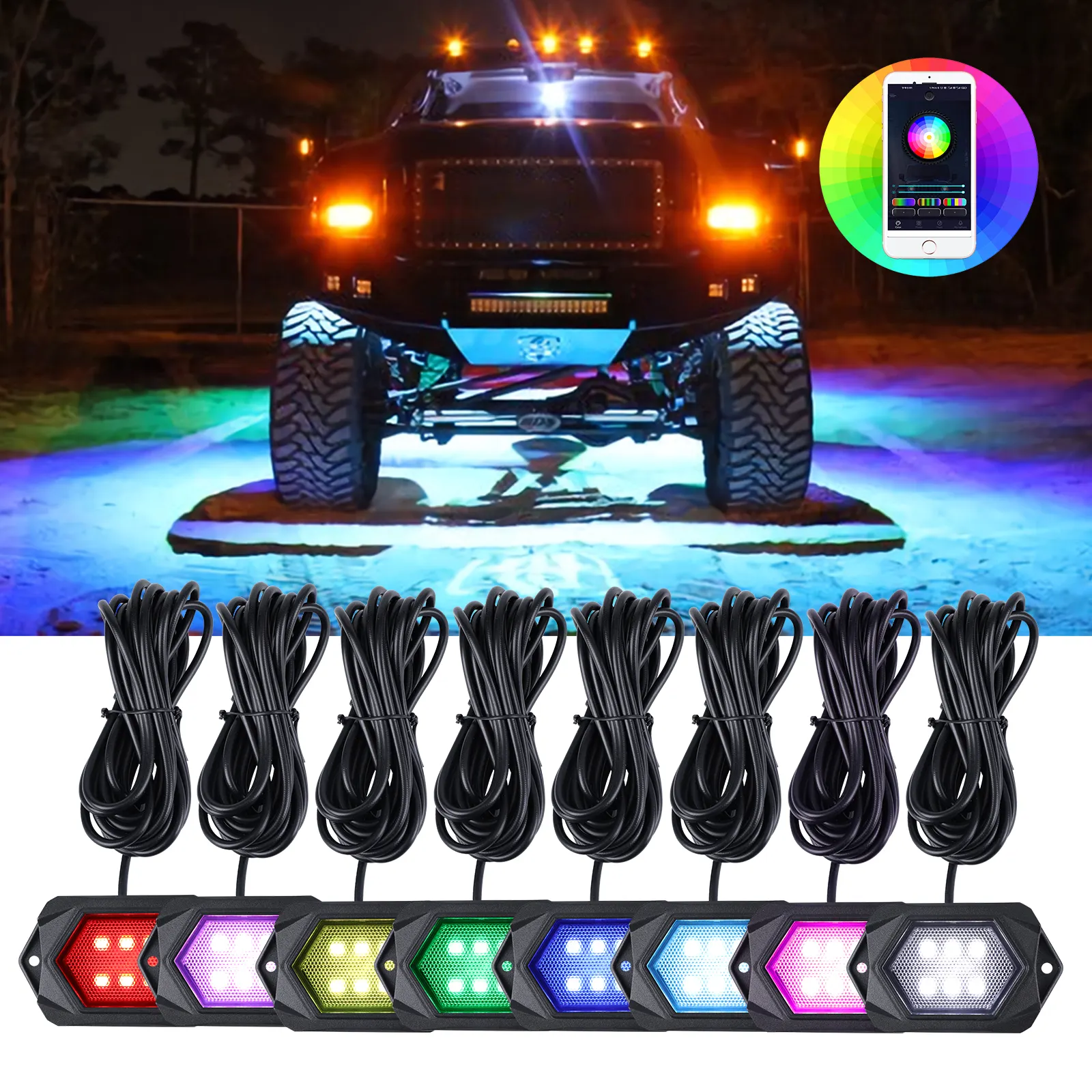 Loyo New 8 pods RGB Led Rock Light Underglow Light IP 68 Waterproof Super Bright White Led Rock Light For Trucks ATV UTV All Car