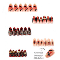 Lot de 30 faux ongles amande Halloween, couleur fumée foncée avec motifs léopard, araignée et chauve-souris dorée, vente en gros