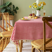 Nappe en coton et lin à motif géométrique, style moderne, mini-échiquier, à pompons, technique tissée, anti-taches, pour hôtels et maisons, vente en gros