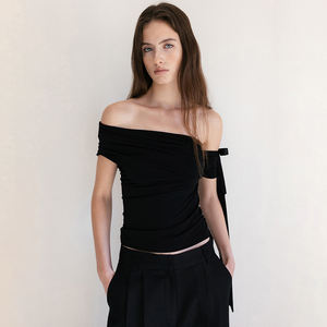 Light-Mature Style Peasant <b>Top</b>-Women's One Shoulder Knitted Blouse <b>Flutter</b> <b>Sleeve</b> Tie Regular Fit Compressed Eco-Friendly - Product Image 4