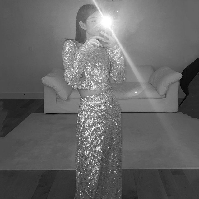 Fall Sequin Dress Suit Spring Autumn Women Sexy Club Party Crop Top+Long Skirt Two Piece Set