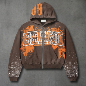 Customized Men's Oversized Zip-Up <b>Hoodie</b> Brown <b>Orange</b> Print Rhinestone Streetwear Sweatshirt 100% Cotton Fleece - Product Image 5