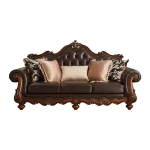 Vente en gros d'usine de canapé en cuir véritable de luxe de style américain ensemble de meubles de canapé de salon traditionnel en bois massif sculpté à la main