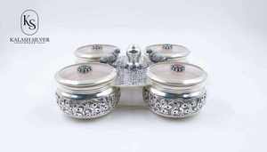 Juego de Condimentos de Plata Hecho a Mano con Cuatro Recipientes, Bandeja Decorativa y Pomos de Piedras Preciosas, Juego de Servir Tradicional - Product Image 2