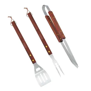 3 个烧烤工具集，钳子，刮刀，叉高档木柄.-不锈钢烧烤用具套件烧烤