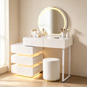 Modern Minimalist Makeup <b>Vanity</b> With Lighted Round <b>Mirror</b> And Storage Drawers Bedroom <b>Dressing</b> <b>Table</b> With Stool - Product Image 3