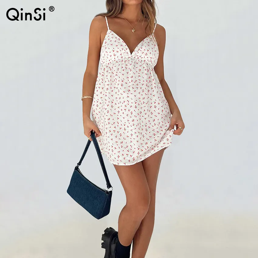 QINSI फैशन महिला पायजामा सेक्सी स्पेगेटी स्ट्रैप स्लीपवियर बैकलेस नाइटगाउन प्रिंटिंग मिनी ड्रेस कैजुअल महिलाओं की नाइटवियर
