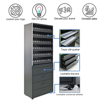 Système de rangement mobile à alimentation par poussée APEX avec logo personnalisé, éclairage LED noir robuste, pour présentoir de cigarettes en magasin de tabac et supermarché