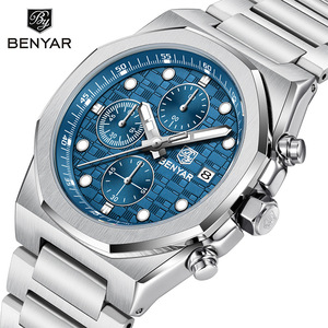 Benyar Men's Stainless Steel Chronograph <b>Watch</b> Blue Dial Luminous Calendar Waterproof Quartz BY5216 - Product Image 1