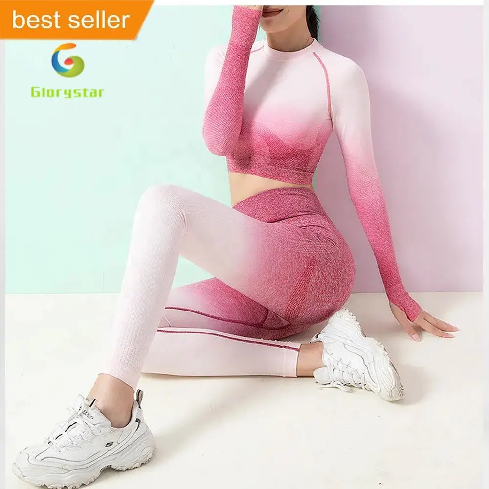 2024 Novidade 2 peças de manga comprida com gradientes de tie-dye calças leggings esportivas para treino feminino conjuntos de roupas de ginástica fitness yoga
