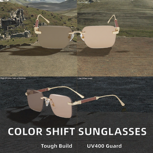 משקפי שמש מלבניים משני צבעים אופנתיים UV400 עם מסגרת עץ, ללא מסגרת אופטית, קצוות חתוכים, הגנה חיצונית לגברים - Product Image 4