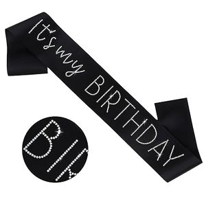 Écharpe d'<span class=keywords><strong>anniversaire</strong></span> noire avec strass, décorations <span class=keywords><strong>pour</strong></span> filles et femmes - Product Image 1