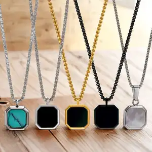 Fashion Jewelry Necklaces 18K Gold Plated Stainless Steel Turquoise White Shell Glue Drop Square Pendant Necklace For Men