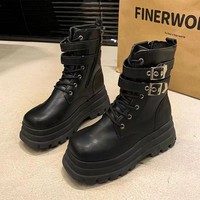 Bottes de moto pour femme, hiver, à lacets, plateforme épaisse, tige en PU artificiel, semelle extérieure en caoutchouc, fabrication ODM/OEM