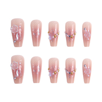Faux Ongles Romantiques Rose Nude à Coller 30 Pièces, Forme Cercueil Moyenne en ABS avec Colle, Motifs Perles et Floraux