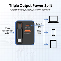 Chargeur de téléphone GaN 65W, prise murale rapide avec câble Type C intégré, adaptateur secteur multi-ports pour ordinateur portable, tablette, appareils mobiles