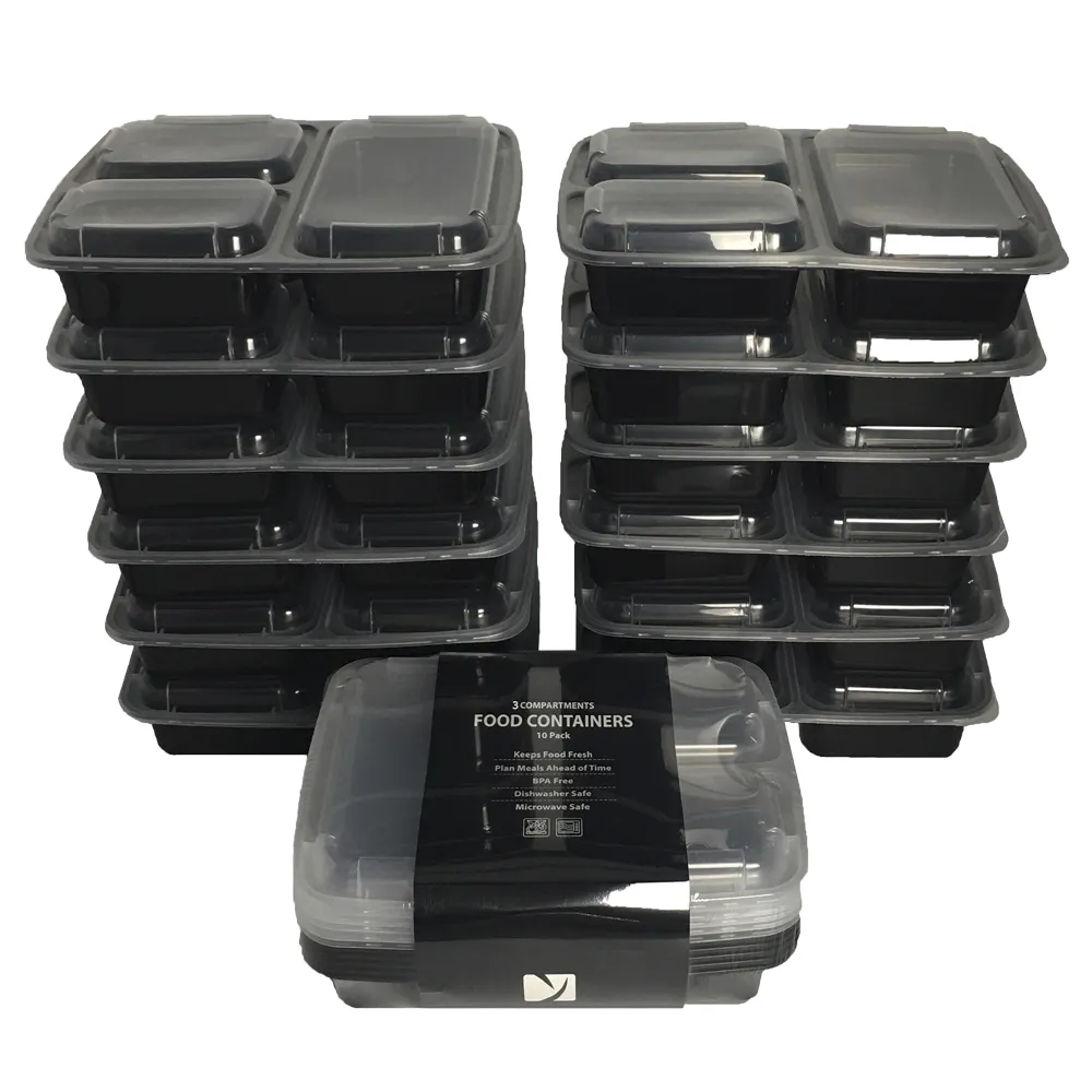 1000ML 10 Pack 3 vano riutilizzabile pranzo Bento Box/scuola scatola pranzo contenitori per la preparazione dei pasti all'ingrosso con coperchio