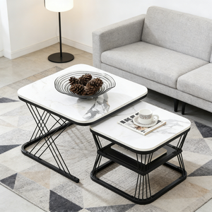 Современный набор из 2-х журнальных столиков, столешница из белого мрамора с черной металлической рамой, складные приставные столики для гостиной - Product Image 4