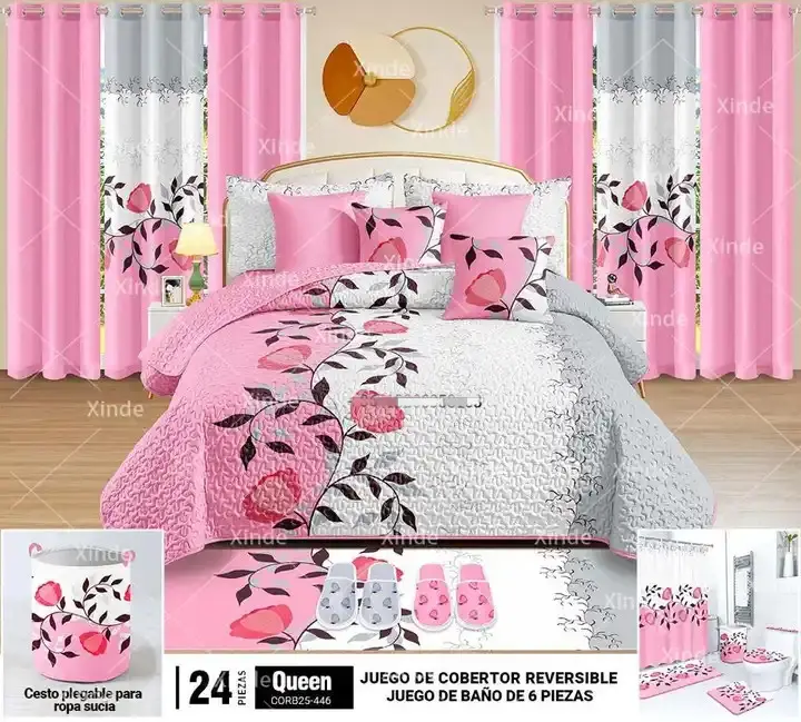 High quality king size 24 pcs quilt cover bedding set with matching bathroom set flat sheet 20 pieces set queen size