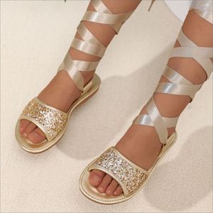 Nouvelles sandales romaines longues en dentelle dorées pour femme, confortables et respirantes, idéales pour l'été et le quotidien - Product Image 6