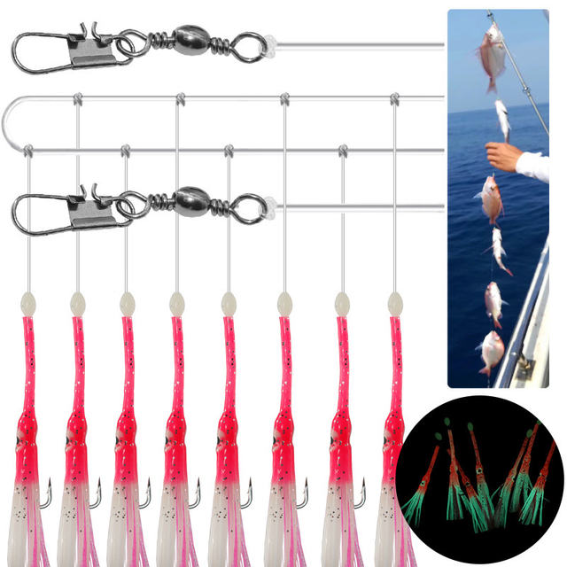 Wildtrek Sea Fishing Sabiki Eel Lure Flasher Rig Hook Soft Jigging Bait Luminous Octopus Skirt Squid Glow Dark Fishing Snapper