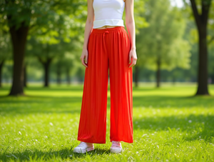 Pantalones anchos de gasa de cintura alta, largos, holgados, de color liso, con cintura elástica, para uso casual de verano - Product Image 2