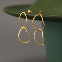 Lotus Fun Boucles d'oreilles pendantes minimalistes irrégulières à double anneau, faites à la main en argent 925, boucles d'oreilles longues abstraites, bijoux tendance