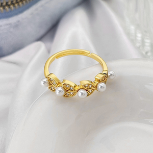 Bague élégante en forme de feuille plaquée or 18 carats de style coréen avec perle CZ pour femmes - Product Image 3