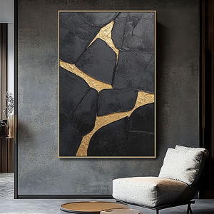 Gran decoración de Hotel hecha a mano Oro Negro texturizado Wabi Sabi minimalista arte de pared 3D pinturas murales en línea - Product Image 5