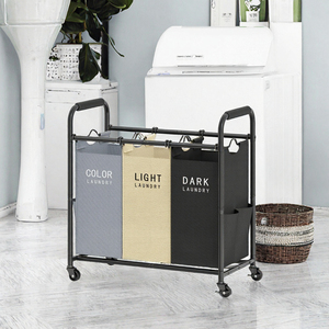 Panier à linge à 3 compartiments avec roulettes, en tissu Oxford, chariot à linge avec cadre métallique pour buanderie - Product Image 2