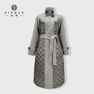 Thiết kế Lady len nóc Áo khoác len khâu poly/Nylon vải nóc Áo Kim Cương bông xuống dài áo khoác len với vành đai - Product Image 2