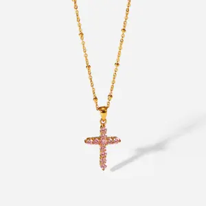 Hot Selling Popular 18K Gold Plated Stainless Steel Pink Zircon Cross Pendant Tennis Necklace